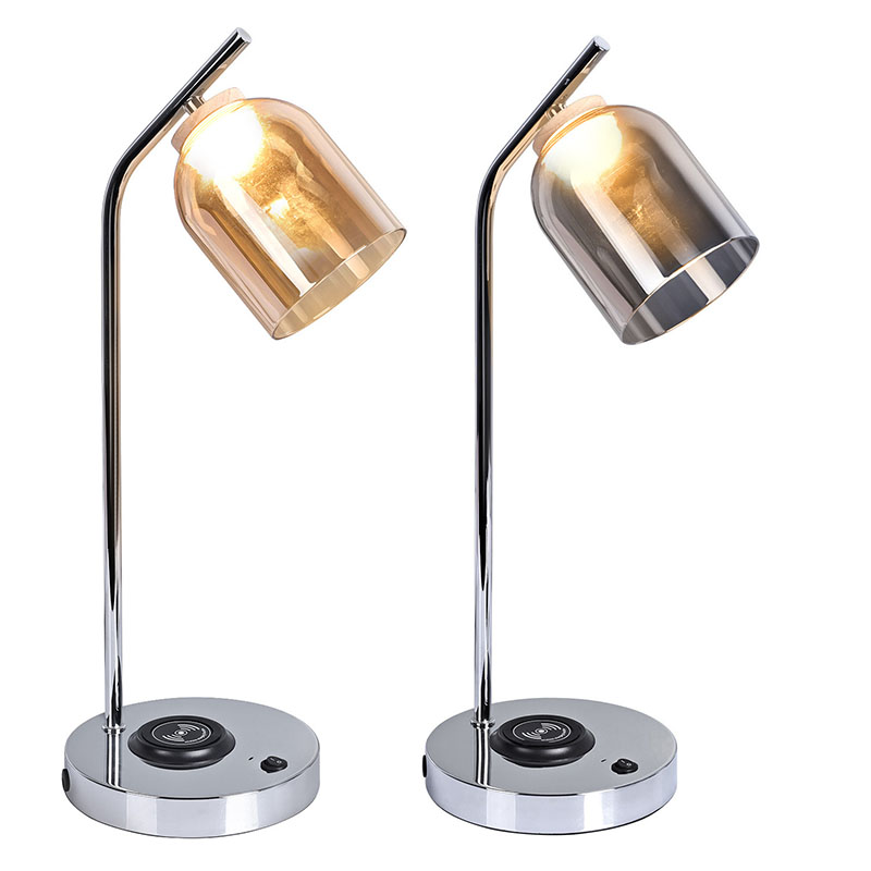 Stolná LED lampa QI so skleneným tienidlom